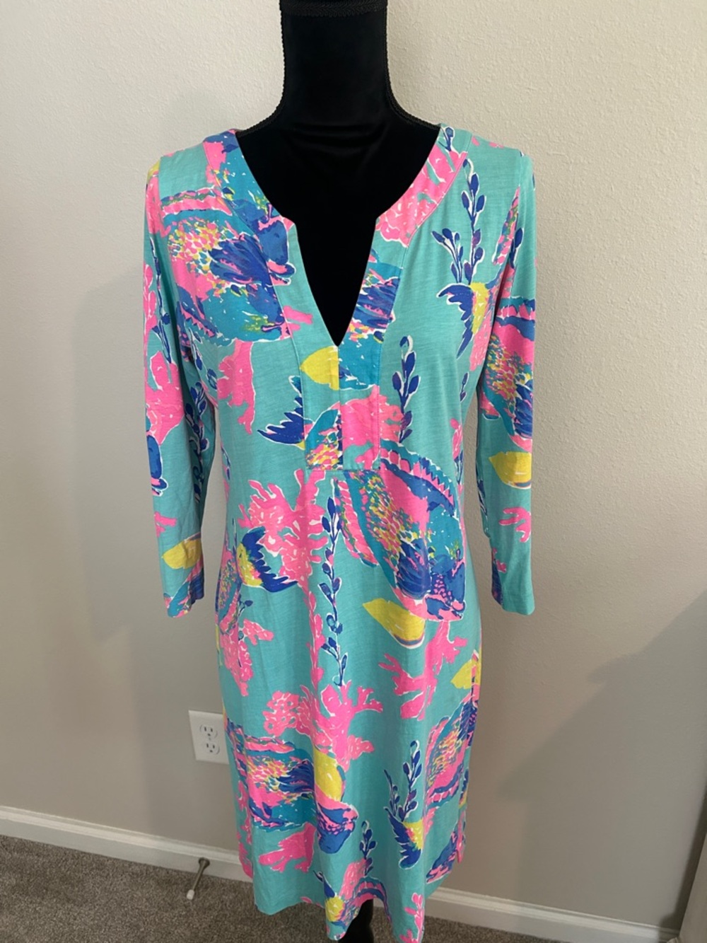 Lilly Pulitzer Aqua Shift Dress with Pink, Blue & Yellow Floral Sea Life Print